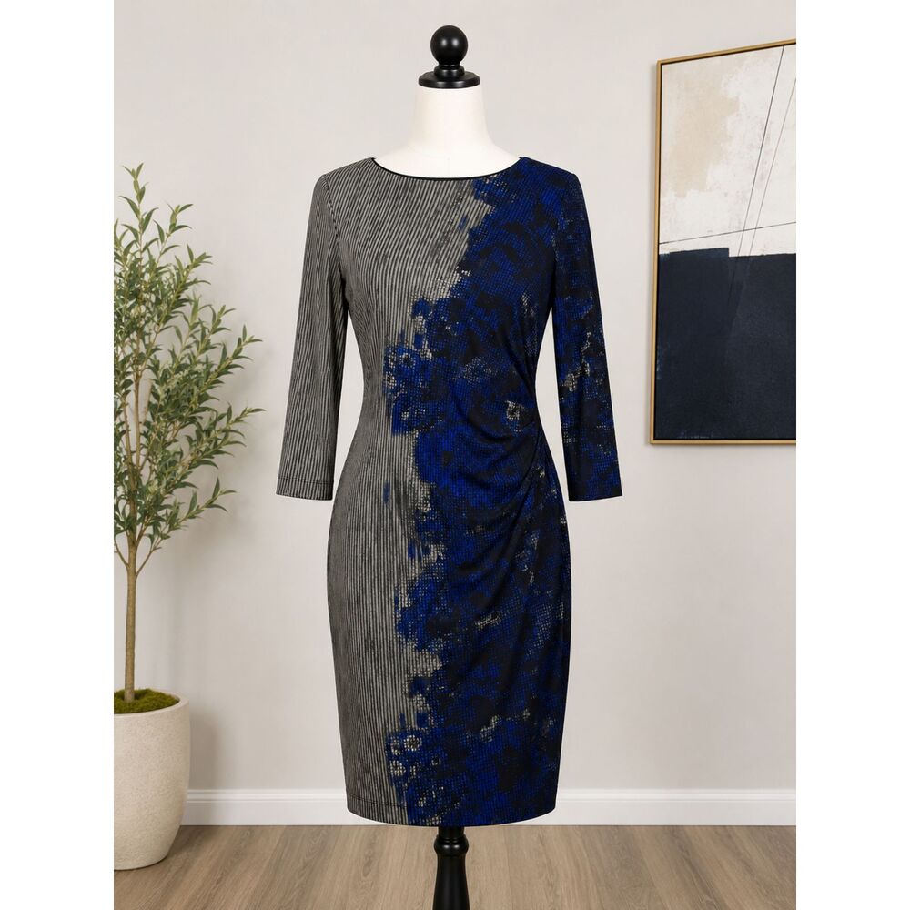Muse Women’s Size 8 Blue Black Abstract Print Ruched Sheath Dress Career Midi